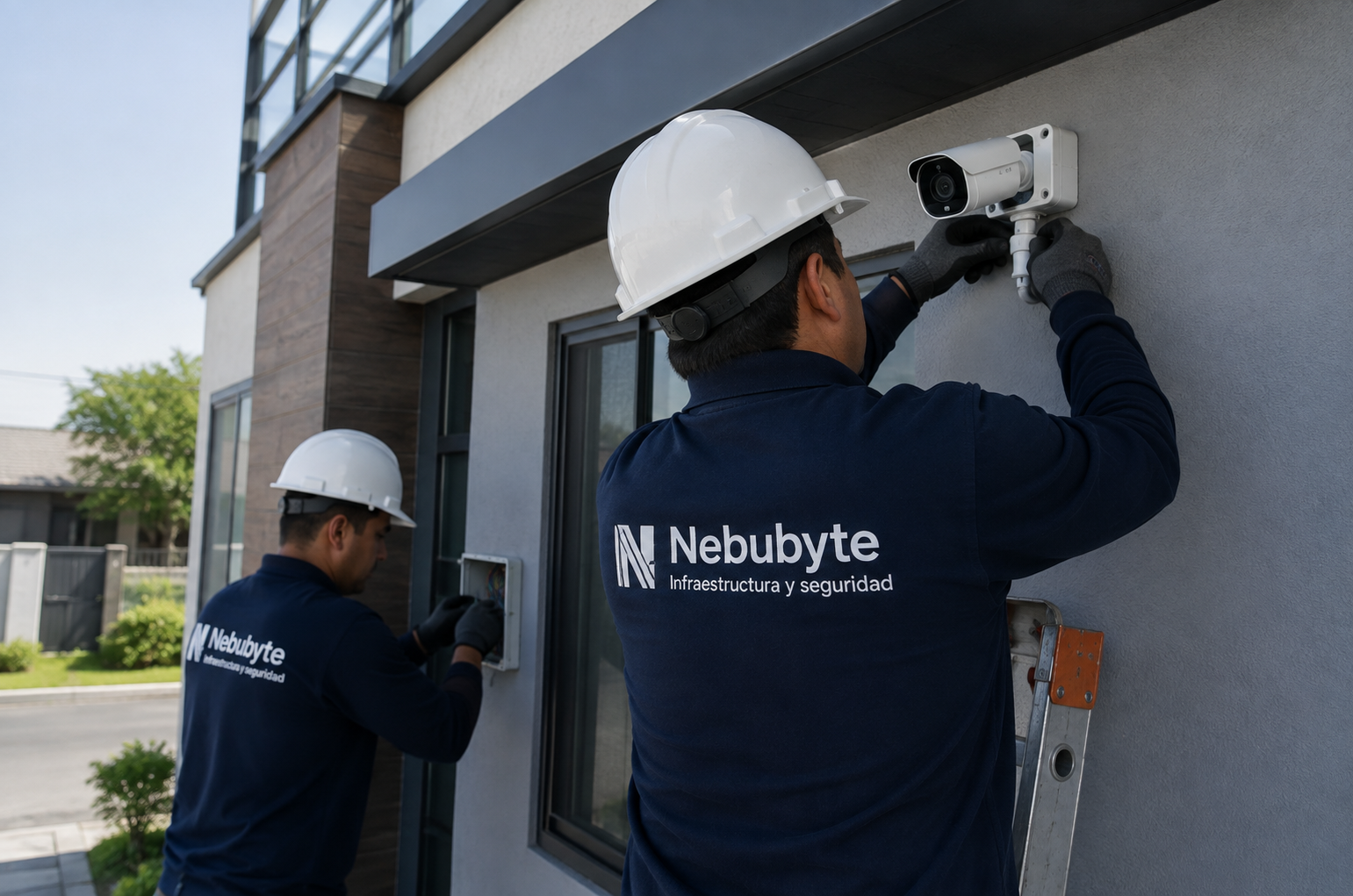 Personal técnico instalando cámaras de seguridad en una empresa