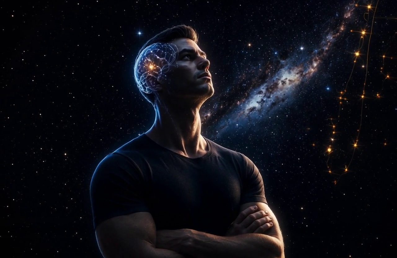 Figura humana contemplando el universo con un cerebro iluminado